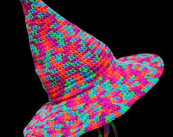Crochet Neon rave 90s wide brim witch hat, handmade, fun, cosplay, whimsical, witchy gift, halloween