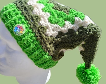 Crocheted Jester Hat, Grass Type Gym Badge Inspired, Acrylic Yarn, Pom Pom Accent