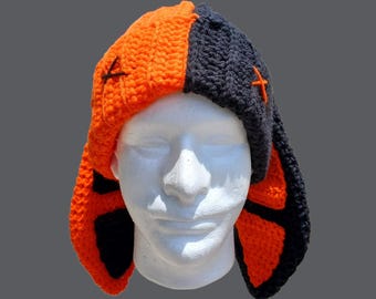 Crochet halloween ribbed rabbit ear beanie, halfway to halloween, gift for him, gift for her, goth, alt, emo,