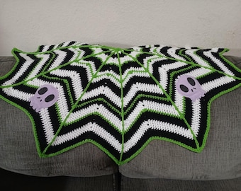 Beetlejuice Inspired Crochet Spiderweb Blanket with Fleece Skulls