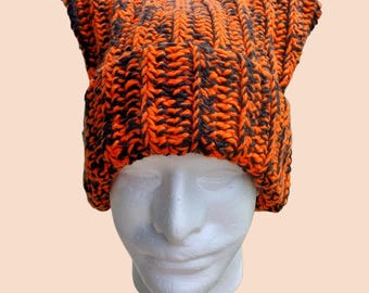 Crochet Chunky Cat Ear Beanie Hat, Handmade Acrylic Ribbed Knit Halloween, orange and black