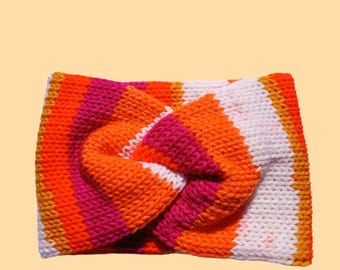cozy knit ear warmer, sunset colors, twisted war warmer, handmade, Christmas, winter, gift for her, Christmas.