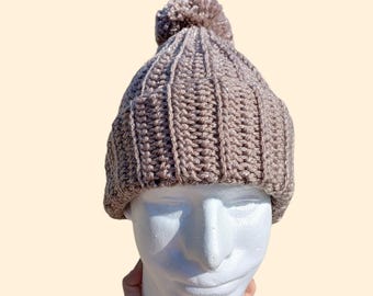 Ribbed crochet sparkly brown Beanie Hat with Pom Pom, toupe, beige, brown, sparkle, twinkle, glitter, gift for her, gift for him, christmas.