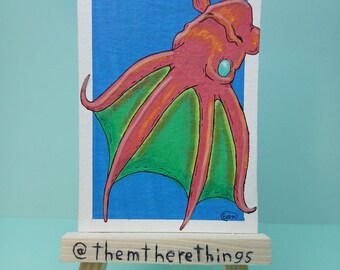 ACEO Original Painting Deep Sea Creatures Vampire Squid Acrylic Glow-in-the-dark themtherethings