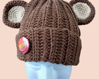 Crochet Bear Ear Beanie, Brown Ribbed Hat, Handmade Button Accent