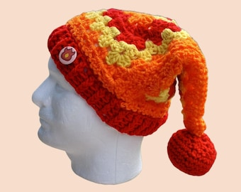 Crocheted Jester Hat, Fire Type Gym Badge Inspired, Acrylic Yarn, Pom Pom Accent