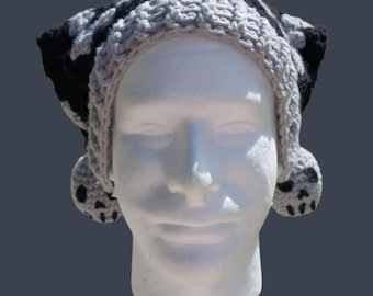 Crocheted Skull Jester Hat, Black Gray Halloween Costume Accessory