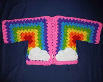 Child’s coat of many colors Crochet Granny Hexagon Cardigan, rainbow , Handmade Acrylic