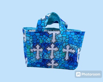 Handmade Cotton Bible Tote Bag, Blue Mosaic Cross Design
