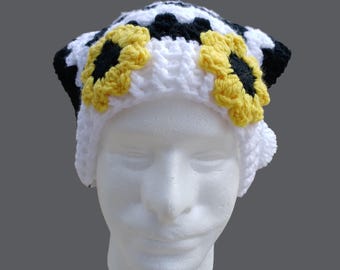 Art crochet clown jester hexi hat, black, white, sunflowers, handmade