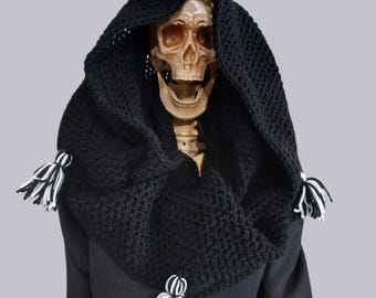Goth Crochet Snood, Acrylic Tassel Scarf, Winter Accessory