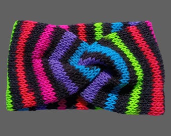 cozy knit ear warmer, neon stripe colors, twisted war warmer, handmade, Christmas, winter, gift for her, Christmas, blacklight headband
