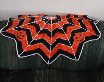 Halloween Inspired Crochet Spiderweb Blanket with Felt Jack O Lanterns