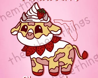 Dessert Cow Digital Art Print, Digital Download, Florida Cow, Strawberry Shortcake