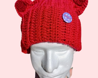 Crochet ribbed cat ear beanie hat with button, red, gift for him, gift for her, Foxy