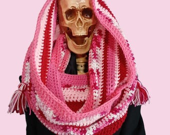 Pink Crochet Snood with Tassels, Acrylic Winter Scarf