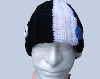 Crochet Ribbed Puppet Beanie Hat with Buttons, Black and White