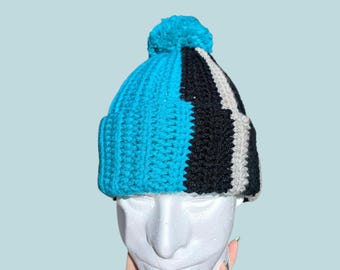 Crochet Ribbed Chosen Beanie Hat with Pom Pom, teal, gray, black, Christian,