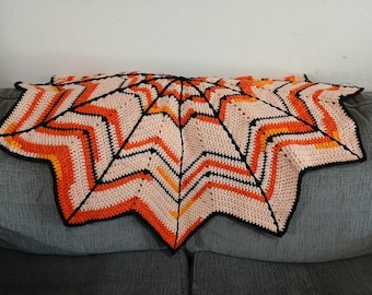 Handmade Tie-Dye Crochet Spiderweb Afghan, Halloween Horror Decor