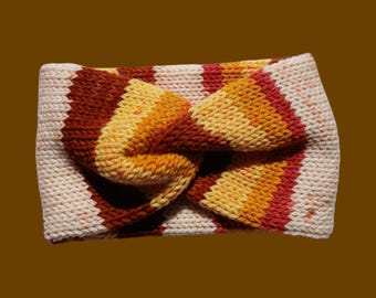 cozy knit ear warmer, sun colors, twisted war warmer, handmade, Christmas, winter, gift for her, Christmas, browns, yellows, and oranges