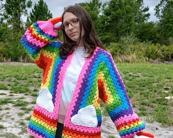 Coat of many colors Crochet Granny Hexagon Cardigan, rainbow , Handmade Acrylic