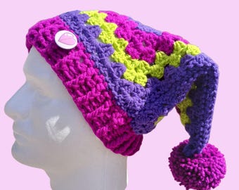 Poison type Inspired crochet jester hat, pocket monster, hexi jester hat, handmade hat, crochet hat, geek gift, nerdy gift