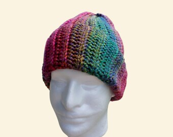 Crochet Ribbed Beanie Hat Rainbow Ombre Acrylic Yarn