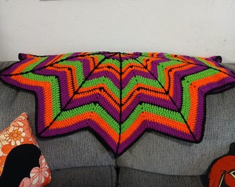 Crochet Spiderweb Throw Blanket, Halloween Afghan, Orange, Green, Purple
