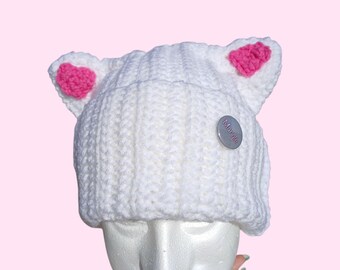 Crochet Cat Ear Beanie Hat with Button, Handmade Acrylic Ribbed Knit