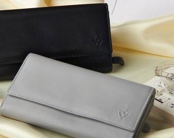 Cartera de mujer en piel auténtica en varios colores / Cartera larga, bolsillo para monedas, ranuras para tarjetas / Protección RFID de WASAMA con caja de regalo