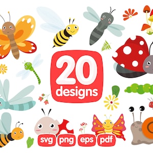 20 Süße Insekten Clipart Bundle, Schmetterling, Bienen, Wespe, Marienkäfer, Schnecke, Raupe, Ameisen, Libelle, Png, Svg, Bilder, Illustration, Grafik