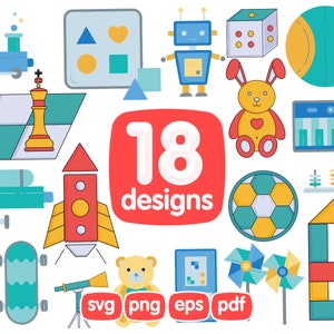 Pacote de clipart de 18 brinquedos, clipart de brinquedos infantis, clipart de brinquedos de bebê, clipart de brinquedos de menino, clipart de brinquedos de menina, brinquedos fofos png, imagens, gráficos, impressão