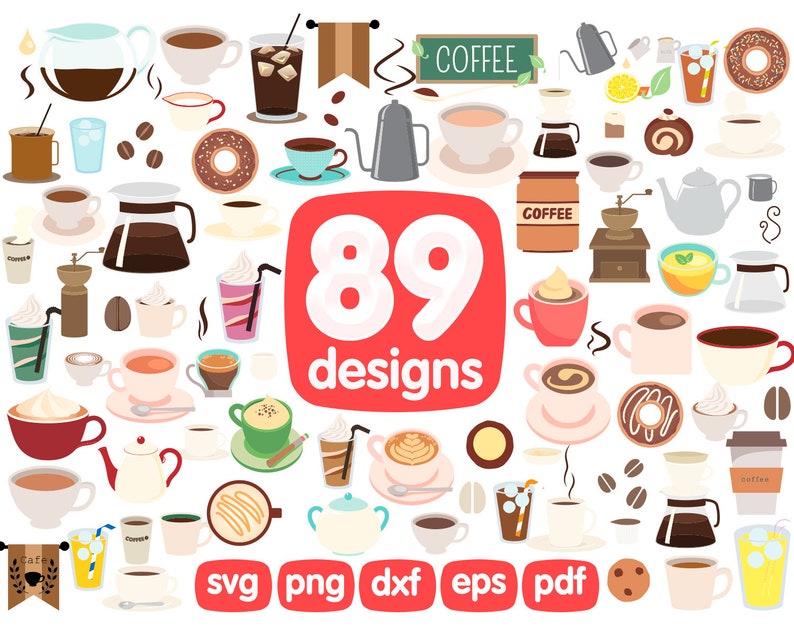 Puede incluir: Una ilustraci&oacute;n colorida con 89 dise&ntilde;os relacionados con el caf&eacute;, incluyendo tazas, cafeteras, granos de caf&eacute; y rosquillas. La palabra "coffee" se muestra en una pizarra verde. Disponible en formatos SVG, PNG, DXF, EPS y PDF.