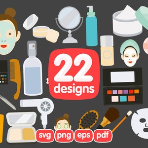 22 Beauty Goods Clipart Bundle, Face Mask, Make-up Mirror, Cream, Hair Dryer, Ccosmetics, Perfume, Powder