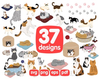 37 Cats Clipart, Kitten Clipart, Cat Fece Clip art, Cat Footprints Clipart