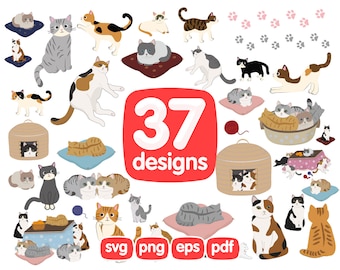 37 Cats Clipart, Kitten Clipart, Cat Fece Clip art, Cat Footprints Clipart