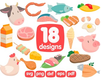 18 Paquete de clipart de carne, Clipart de pescado, Clipart de comida, Clipart de carne de cerdo, Clipart de cerdo, Clipart de carne de pollo, Salchicha, Pie de pollo