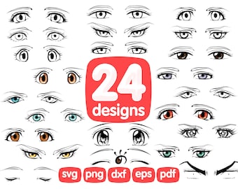 24 Augen Clipart Bundle, Eye Svg, EyeLash Clipart, Anime Augen Grafik, Cartoon Augen Clipart, Augen Cut Datei, Cricut, Druck, Bilder, Eps
