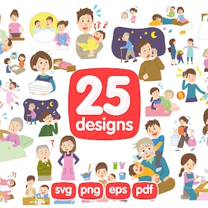 25 個の育児クリップアート バンドル、家族のクリップアート、お母さん、お父さん、おばあちゃん、おじいちゃん、子育ての疲れのデザイン、子供、赤ちゃんの授乳、赤ちゃんの泣き声