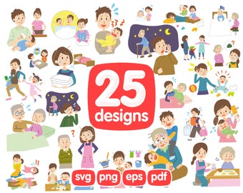 25 Child Care Clipart Bundle, Family Clipart, Mom, Dad, Grandma, Grandpa, Child Rearing Fatigue Design, Child, Baby feeding, Baby crying