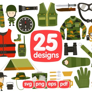 25 Survival Camoflage Clipart Bundle, Military Clothing, Military Uniform, Army, Walkie-talkie, Vest, Sleeping Bag, Fairy Tale, Mittens