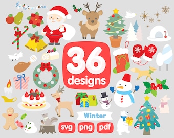 36 Christmas Clipart Bundle, clipart d’hiver, clipart de vacances, clipart numérique, clipart de flocon de neige, clipart de bonhomme de neige, svg d’hiver, clipart de neige