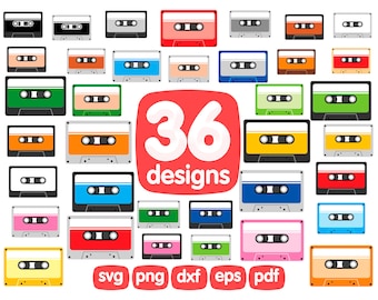 36 Cassette Tape Clipart, Cassette Tape Svg, Music Clipart, Retro Clipart, 80s Clipart, Cassette Image, Cassette Png, Cassette Eps