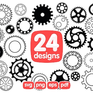 Pacote de clipart de 24 engrenagens, ilustração de engrenagem, engrenagem png, gráficos de engrenagem, vetor de engrenagem, engrenagem cricut, arquivo de corte de engrenagem, engrenagem cutiing, silhueta de engrenagens