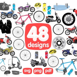 May include: A collection of 48 designs featuring various motorcycles, bicycles, scooters, and other vehicles. The designs are available in SVG, PNG, and PDF formats.