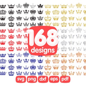 168 Crown Clipart Bundel, Prinses Kroon Svg, Kroon Silhouet, Kroon Vector, Koningin Kroon Svg, Koning Kroon Svg, Koninklijke Kroon Clipart