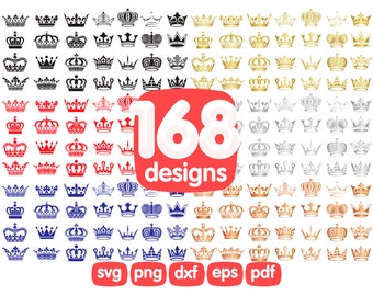 May include: A set of 168 crown designs in black, red, blue, gold, and silver. The designs are available in SVG, PNG, DXF, EPS, and PDF formats.