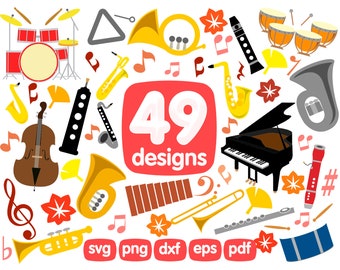 49 muziekinstrumenten Clipart Bundel, Gitaar Clipart, Viool Clipart, Piano Clipart, Saxofoon Clipart, Trompet Clipart, Drum Clipart