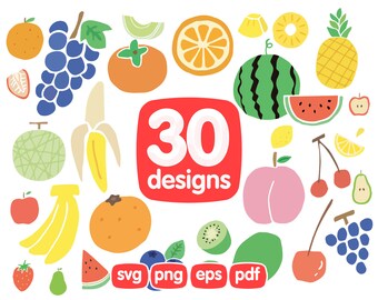 30 Fruits Clipart Bundle, Grapes Clipart, Watermelon Clipart, Pineapple Clipart , Cherry Clipart, Banana Clipart, Kiwi Clipart