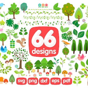 May include: A collection of 66 designs featuring trees, leaves, birds, and other nature-themed illustrations. The designs include various tree styles, green leaves, and colorful birds. The image also includes the text "66 designs" and file type icons.